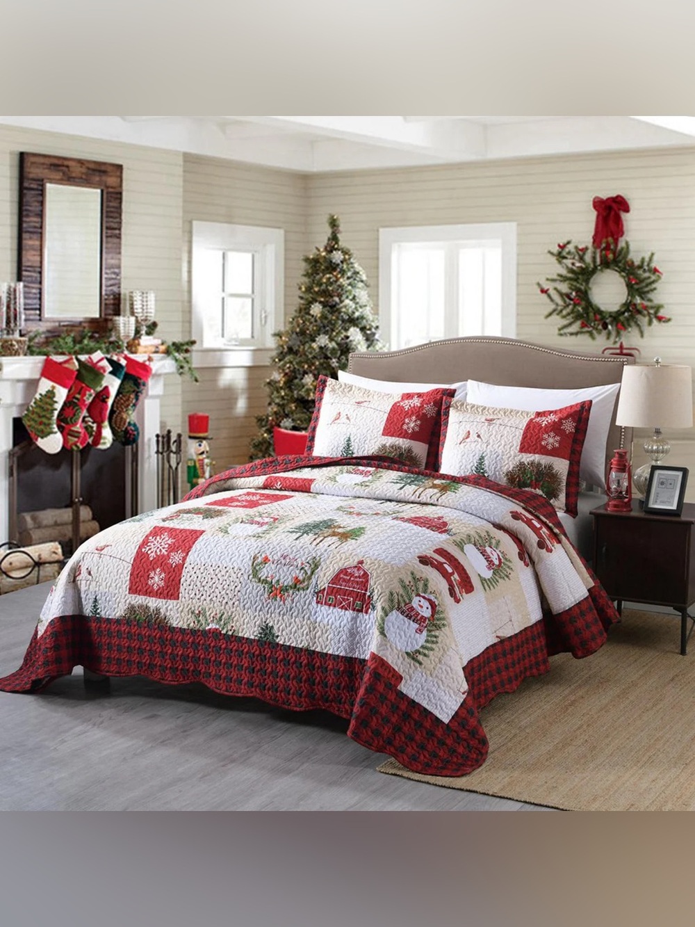 Christmas king 3 piece Quilted Christmas Bedspread Set